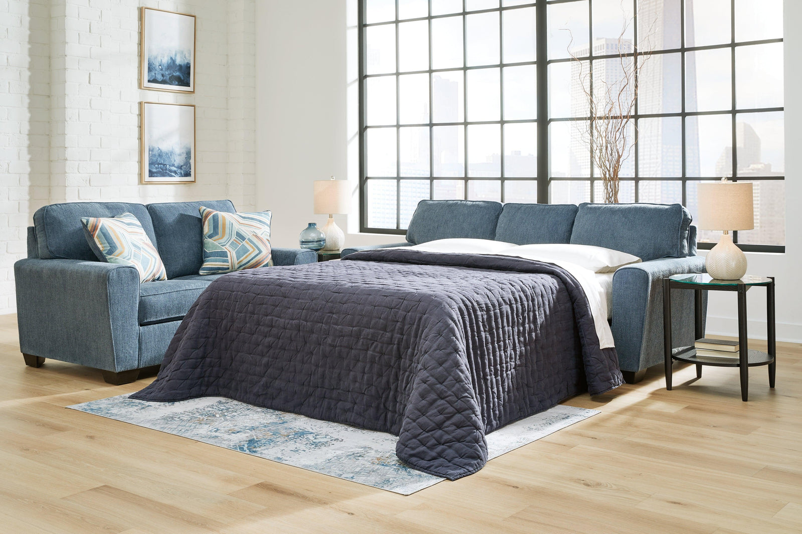 Cashton Blue Chenille Queen Sofa Sleeper - Ella Furniture