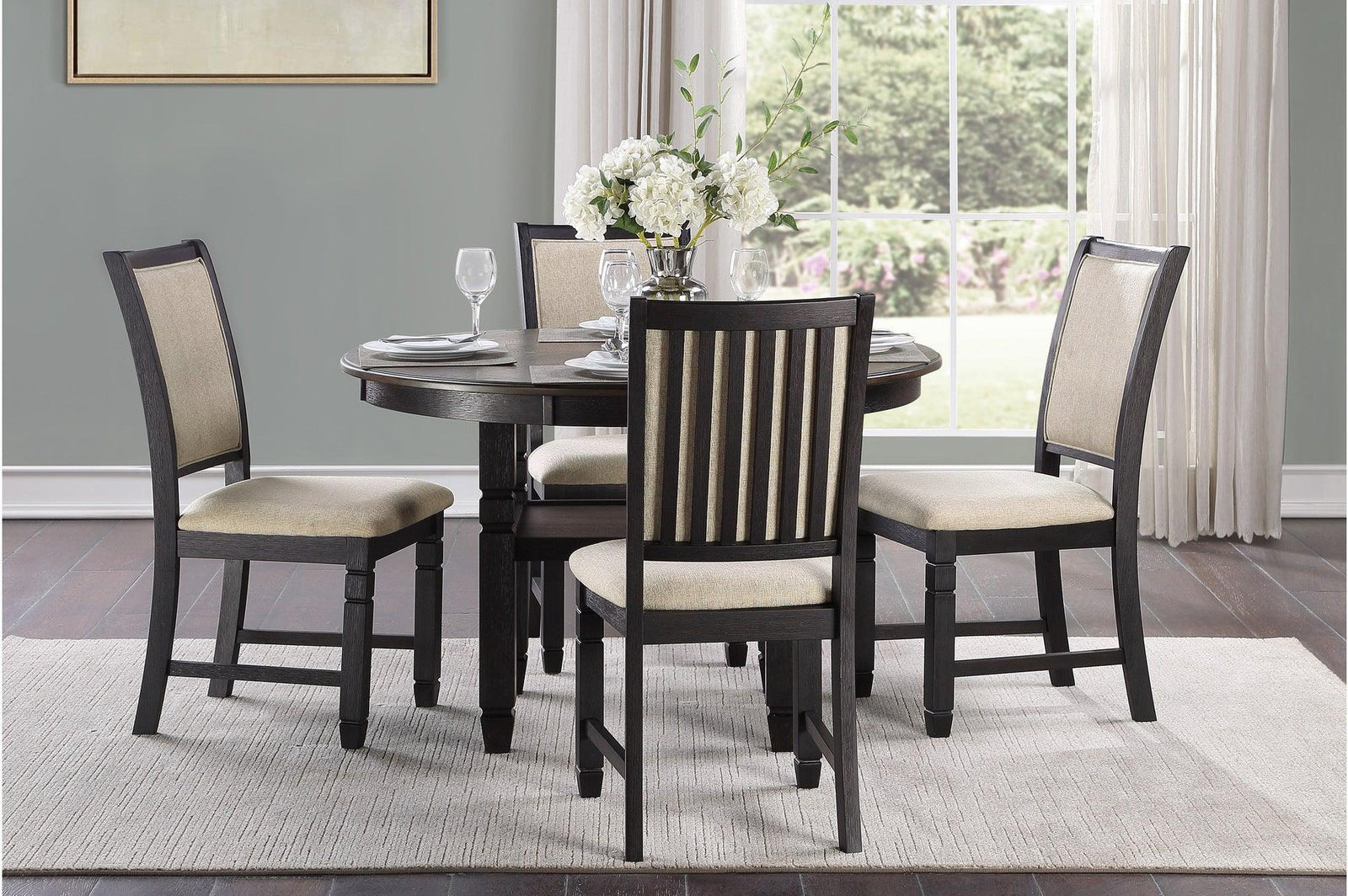Asher Beige Dark Wood, Acacia Veneer Plush Cushions Fabric Upholstered Seat Round Dining Room Set - Ella Furniture