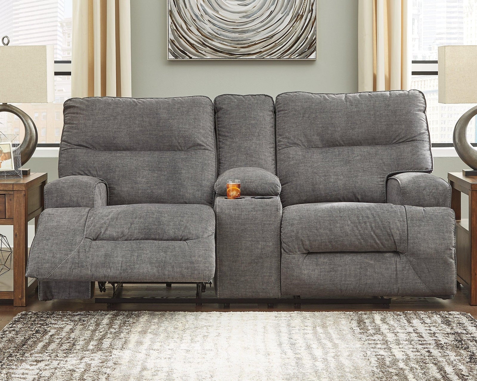 Coombs Charcoal Microfiber Reclining Loveseat With Console