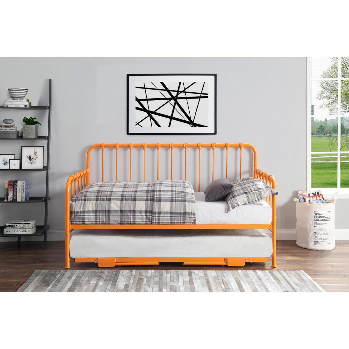 Constance Orange Metal Daybed With Lift-up Trundle With Folding Legs And Casters - Ella Furniture