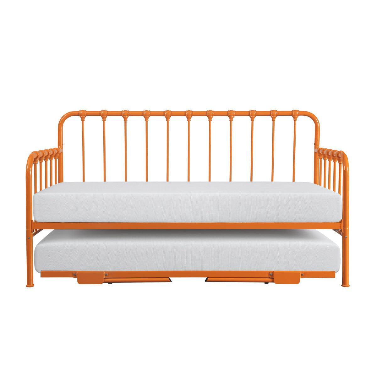 Constance Orange Metal Daybed With Lift-up Trundle With Folding Legs And Casters - Ella Furniture