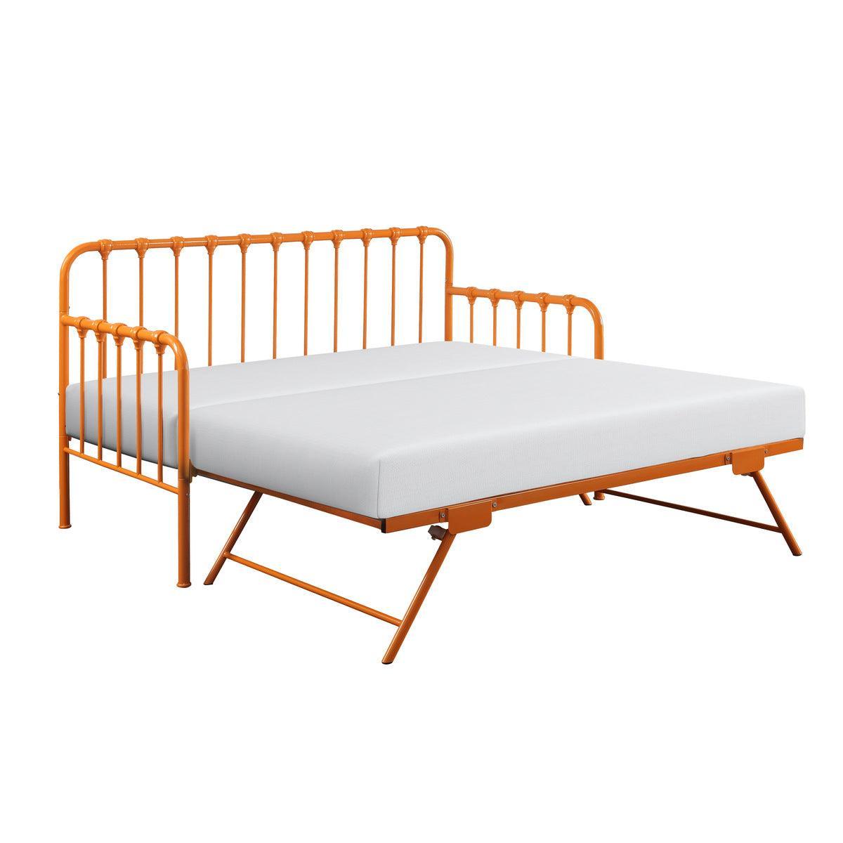 Constance Orange Metal Daybed With Lift-up Trundle With Folding Legs And Casters - Ella Furniture