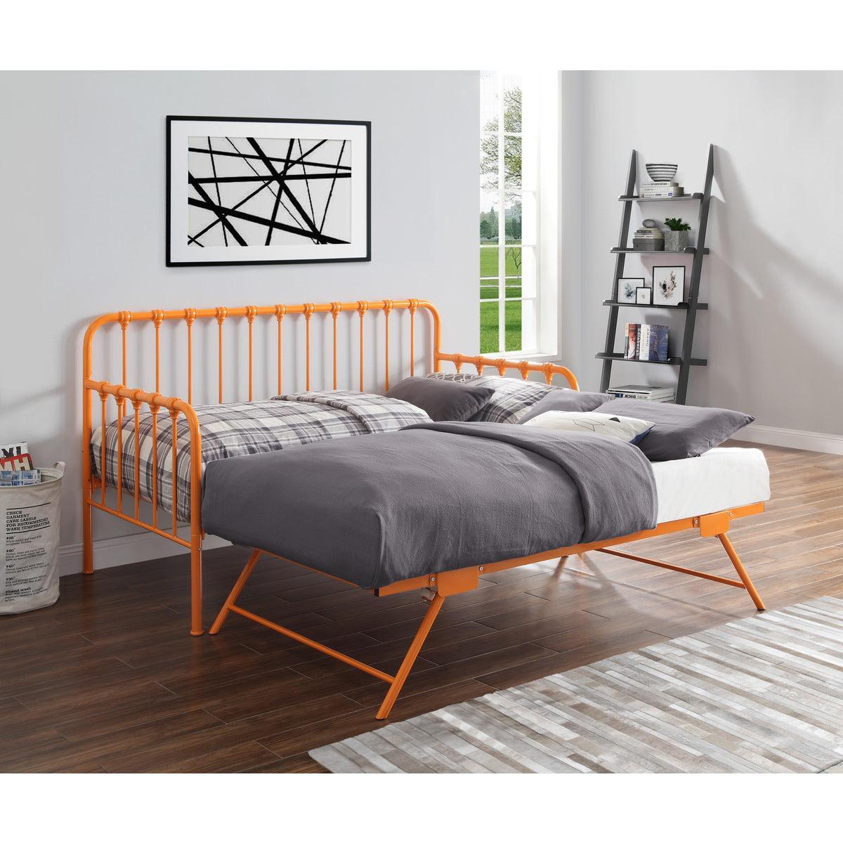 Constance Orange Metal Daybed With Lift-up Trundle With Folding Legs And Casters - Ella Furniture