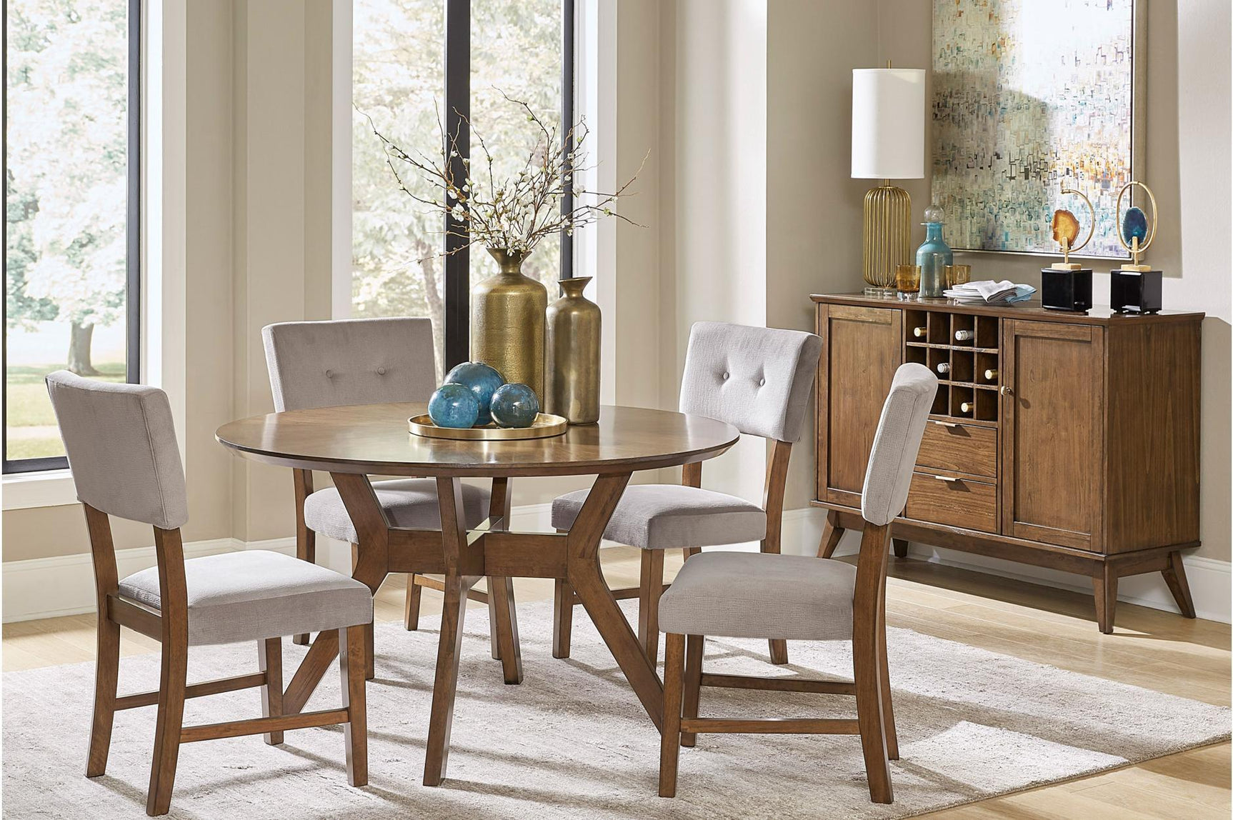 Edam Dark Yellow Modern Classic Solid Wood Fabric Upholstery Seat Round Dining Room Set - Ella Furniture