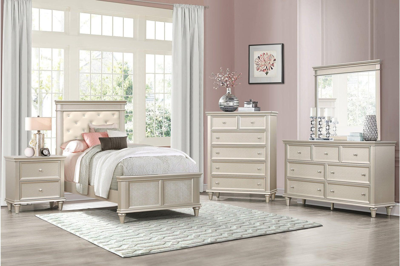 Celandine Pearl Embossed Traditional Engineered Wood Faux Leather Upholstered Tufted Youth Bedroom Set - Ella Furniture