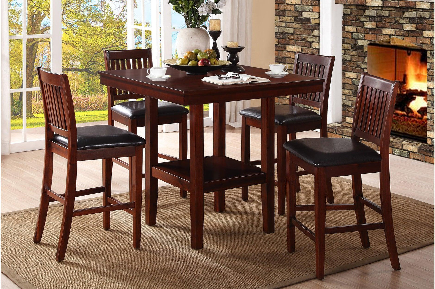 Galena Brown Modern Transitional Solid Wood Faux Leather Seat Square Dining Room Set - Ella Furniture