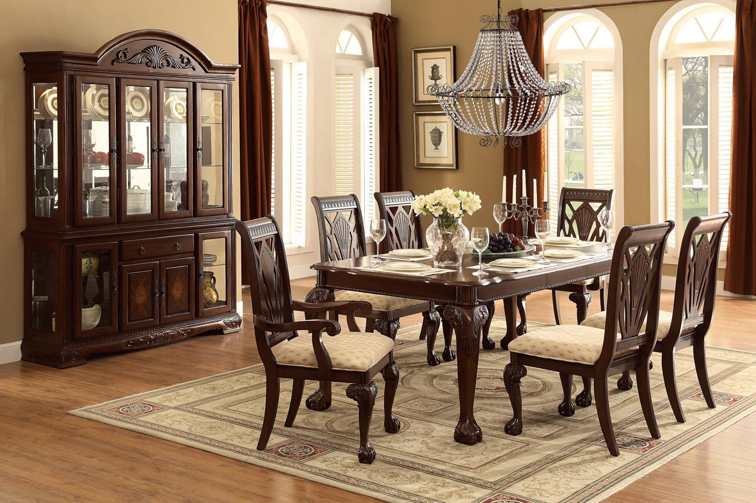 Norwich Dark Cherry Finish Sleek Traditional Fabric Upholstery Seat Rectangular Dining Room Set - Ella Furniture