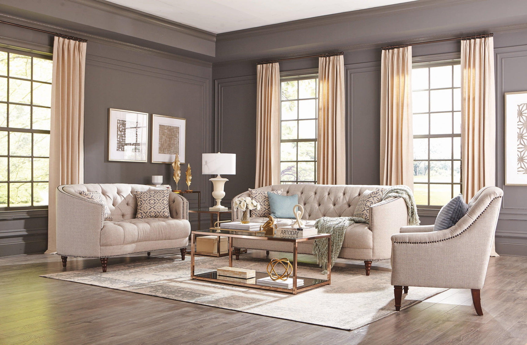 Avonlea Sloped Arm Upholstered Loveseat Trim Grey - Ella Furniture