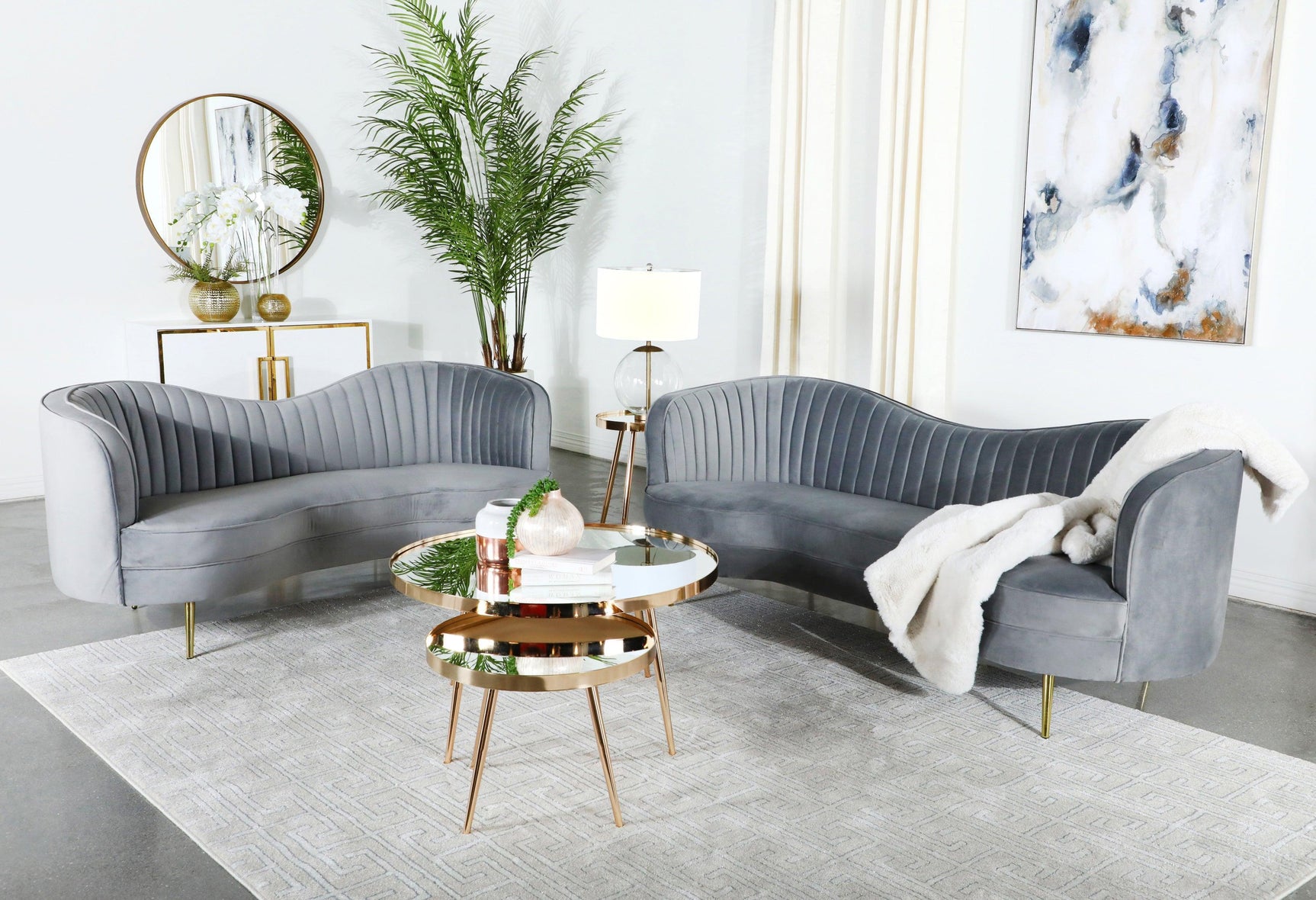 Sophia Upholstered Loveseat With Camel Back Grey And Gold - Ella Furniture