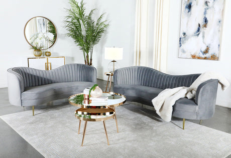 Sophia Upholstered Loveseat With Camel Back Grey And Gold - Ella Furniture