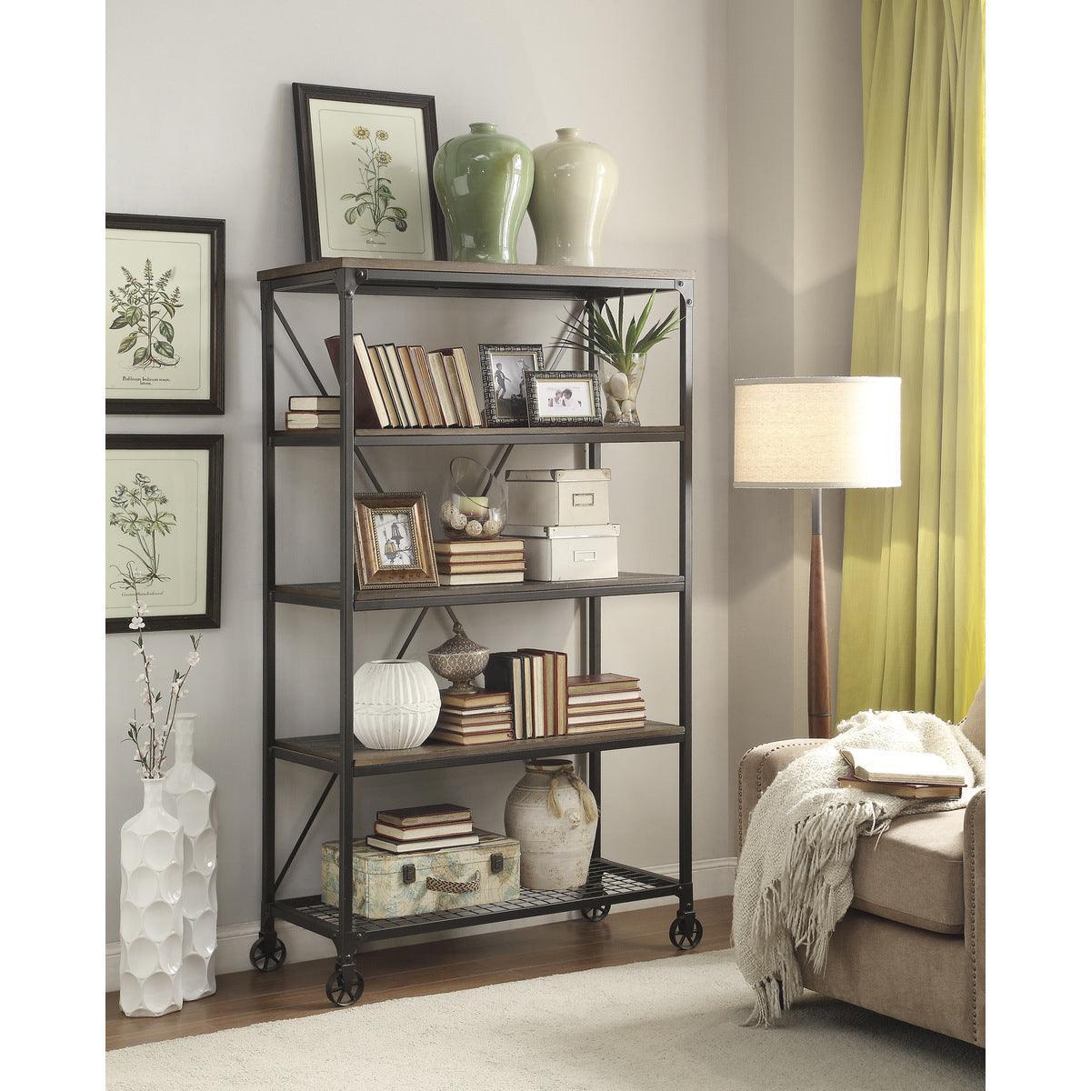 Millwood Weathered Natural And Rustic Black Metal Ash Veneers, Engineered Wood And Metal Bookcase - Ella Furniture