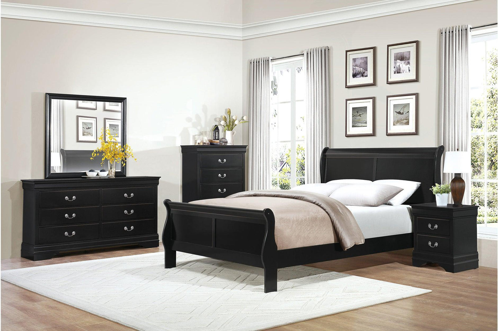Mayville Black Modern Traditional Solid Wood Sleigh Bedroom Set - Ella Furniture