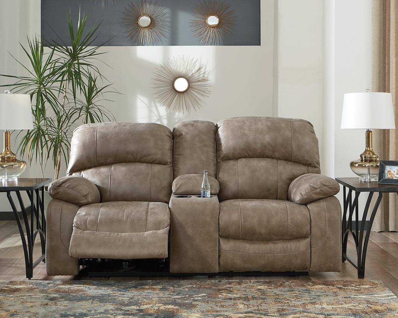 Dunwell Driftwood Textured Power Reclining Loveseat With Console - Ella Furniture