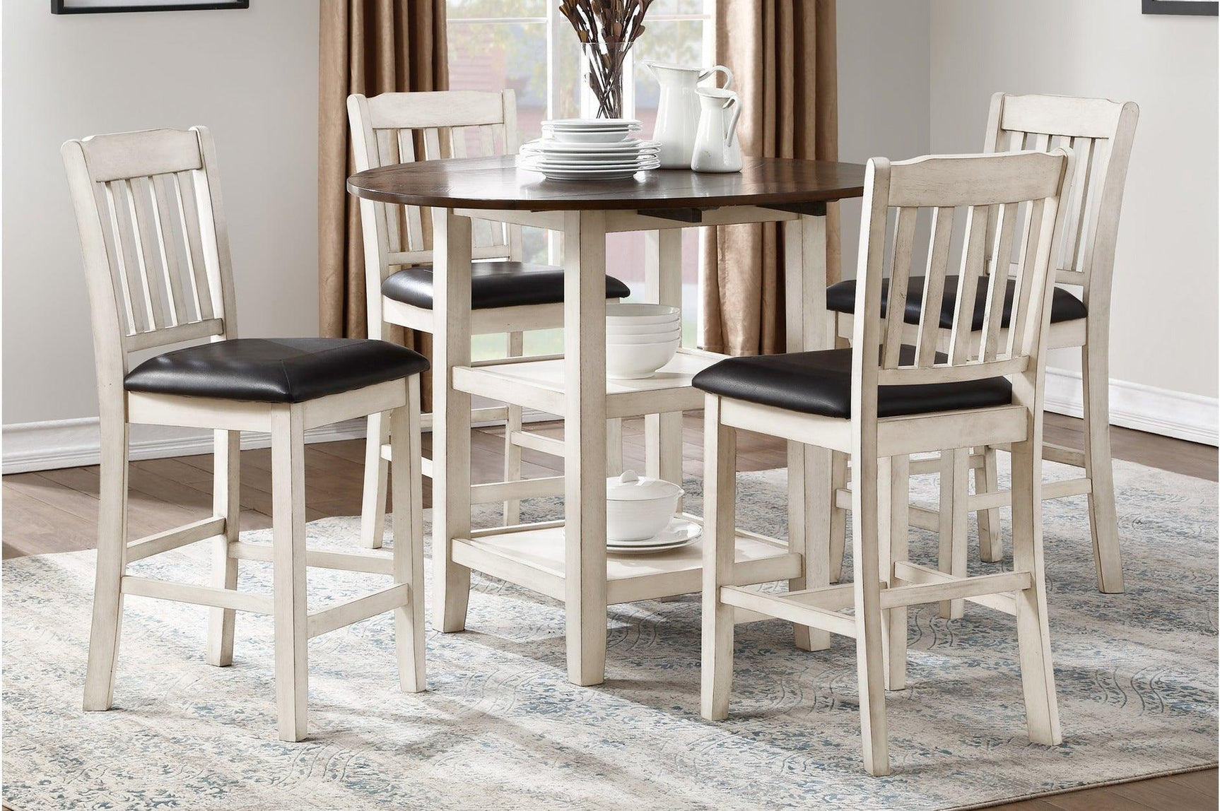 Kiwi Brown White Faux Leather Upholstered Seat Circle Counter Height Dining Room Set - Ella Furniture