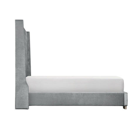 Jacklyn Gray Modern Contemporary Solid Wood Faux Leather Upholstered Tufted Queen Panel Bed - Ella Furniture