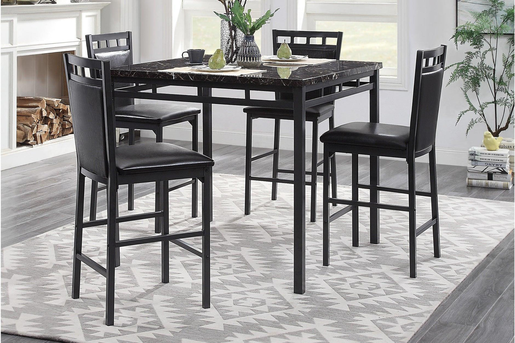 Olney Black Transitional Metal Faux Leather Seat And Faux Marble Top Square Dining Room Set - Ella Furniture