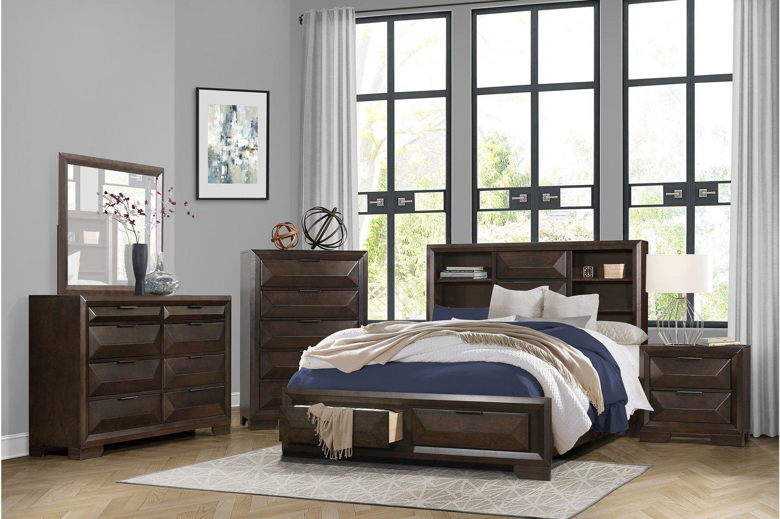 Chesky Espresso Modern Contemporary Solid Wood Birch Veneer Storage Platform Bed - Ella Furniture
