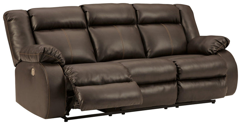 Denoron Chocolate Faux Leather Power Reclining Sofa - Ella Furniture