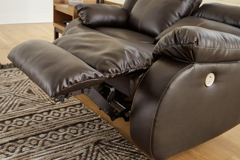 Denoron Chocolate Faux Leather Power Reclining Loveseat