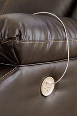 Denoron Chocolate Faux Leather Power Recliner - Ella Furniture