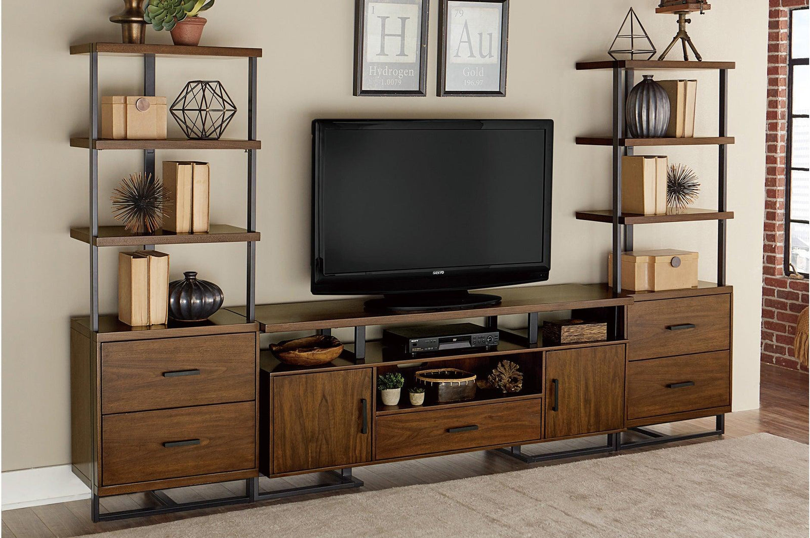 Sedley Dark Modern Contemporary Sleek Metal Walnut Veneer Storage Tv Stand - Ella Furniture