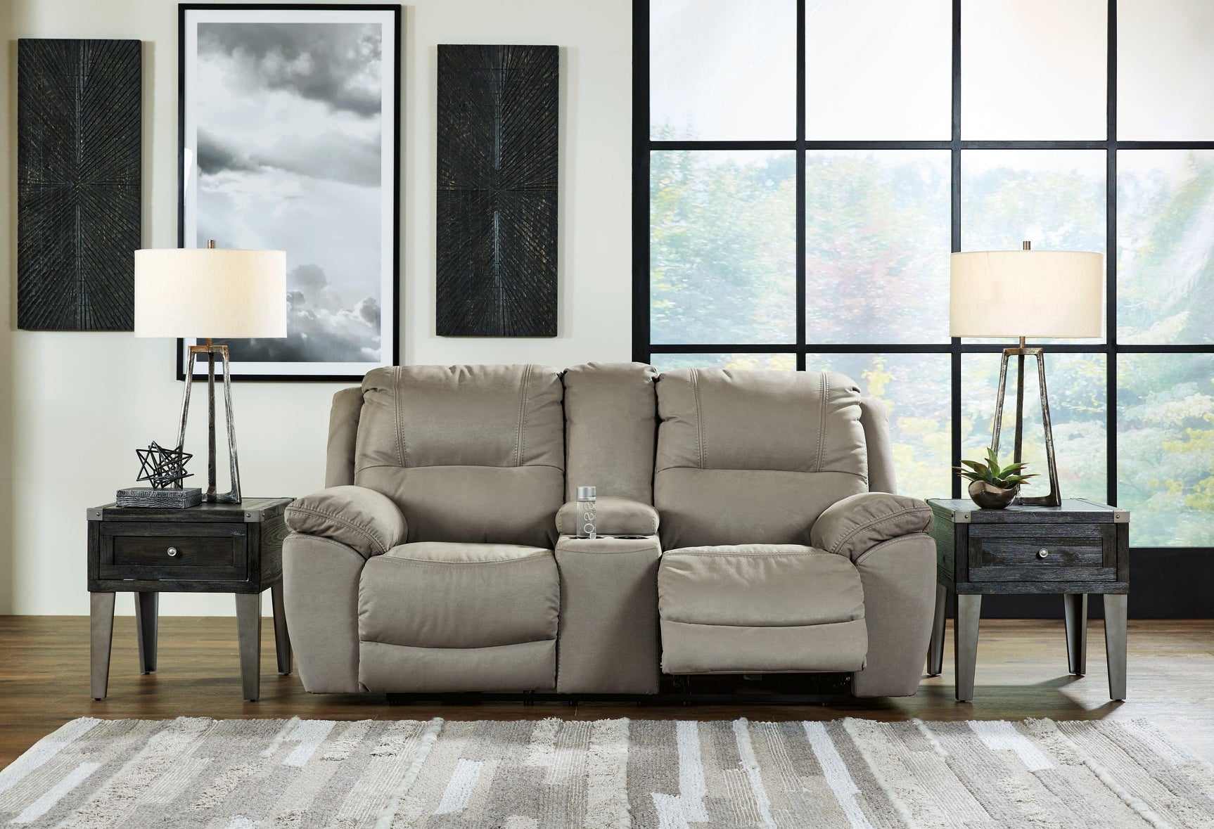 Next-gen Gaucho Putty Microfiber Power Reclining Loveseat With Console - Ella Furniture