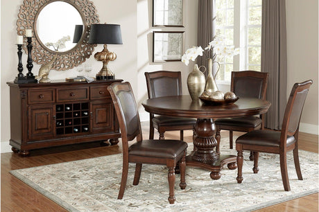 Lordsburg Brown Cherry Classic Solid Wood Faux Leather Upholstered Seat Round Dining Room Set - Ella Furniture