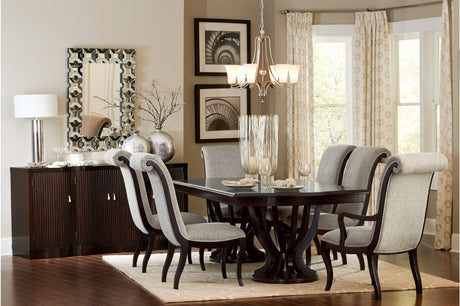 Savion Neutral Espresso Contemporary Wood Fabric Upholstered Seat Rectangular Dining Room Set - Ella Furniture