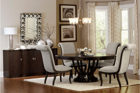 Savion Neutral Espresso Contemporary Solid Wood Fabric Upholstered Seat Circle Dining Room Set - Ella Furniture