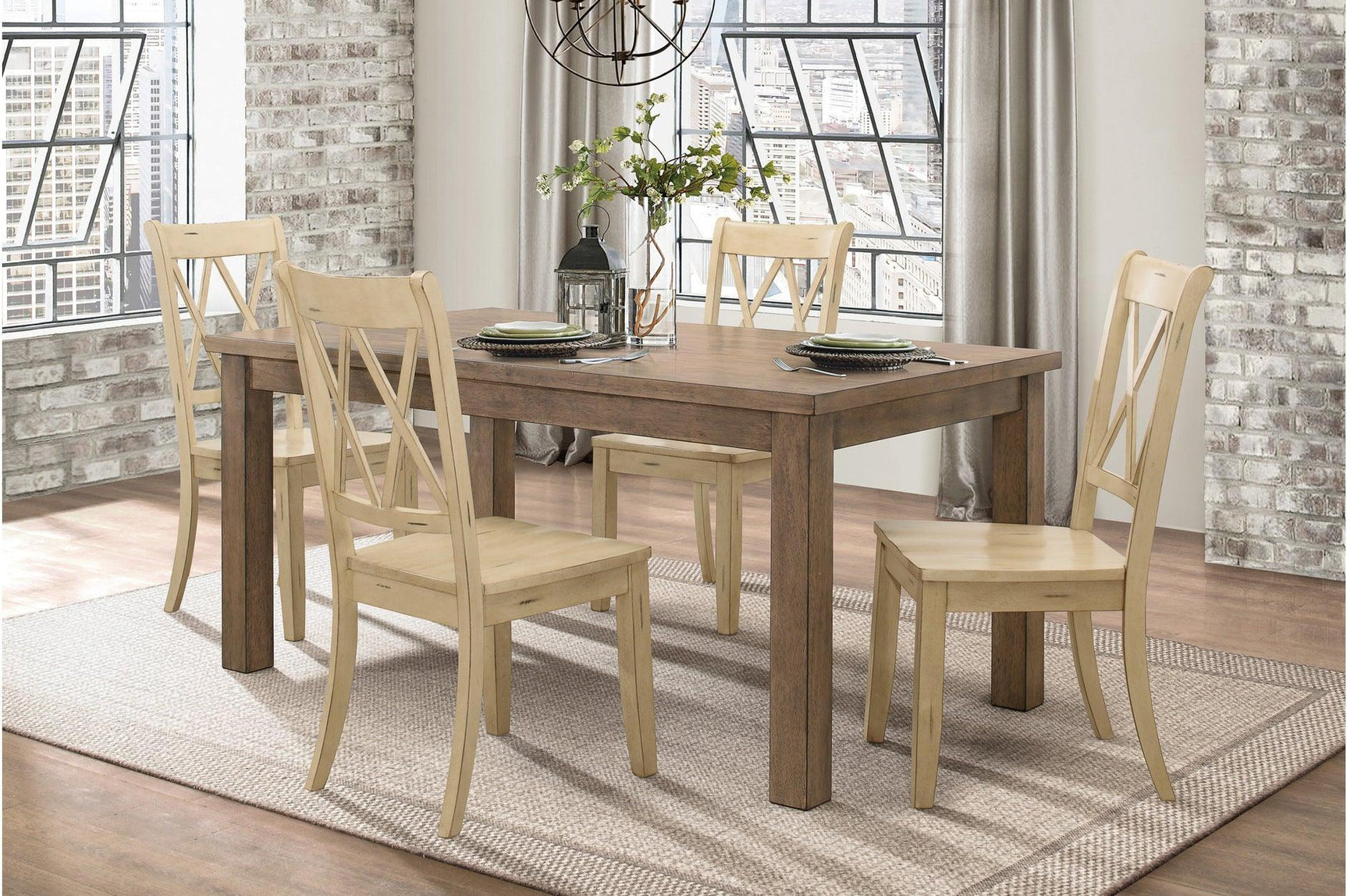 Janina Natural Teal Finish Modern Sleek Solid Wood And Veneers Rectangular Dining Set - Ella Furniture