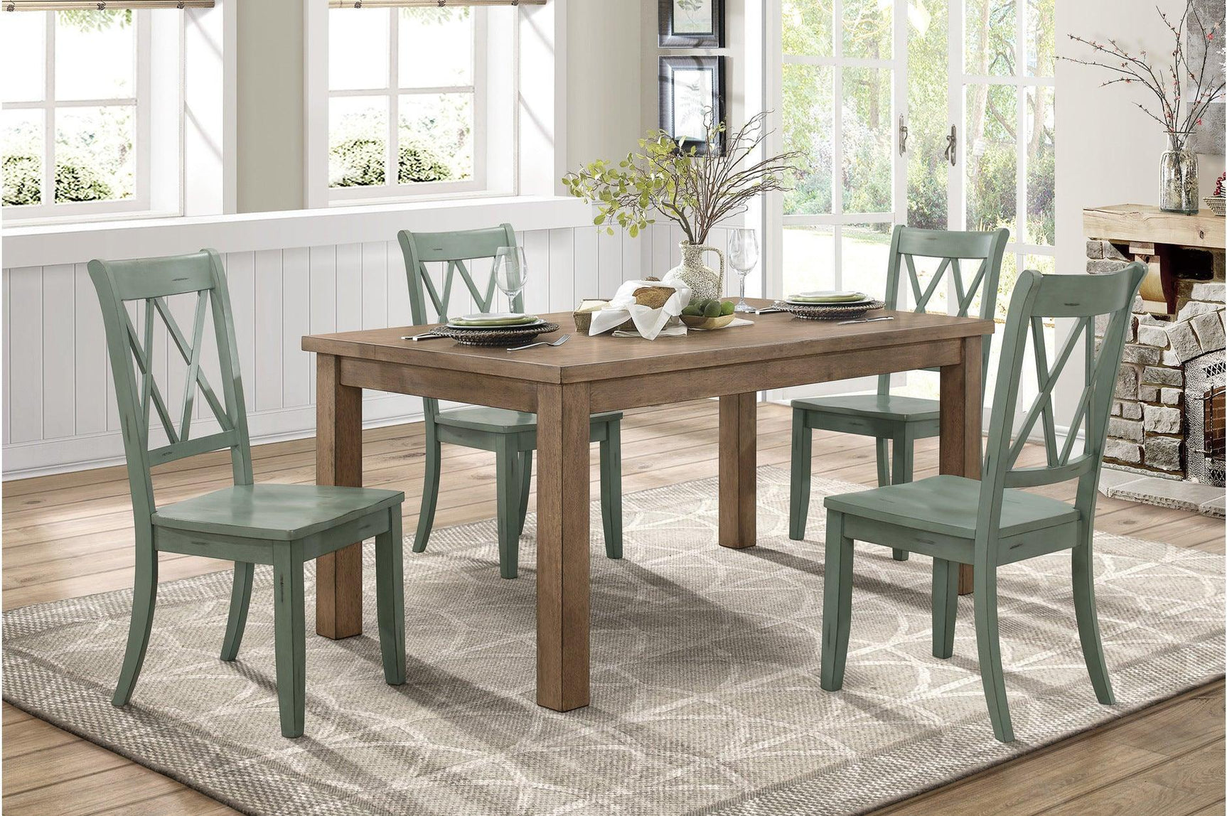 Janina Natural Teal Finish Modern Sleek Solid Wood And Veneers Rectangular Dining Set - Ella Furniture