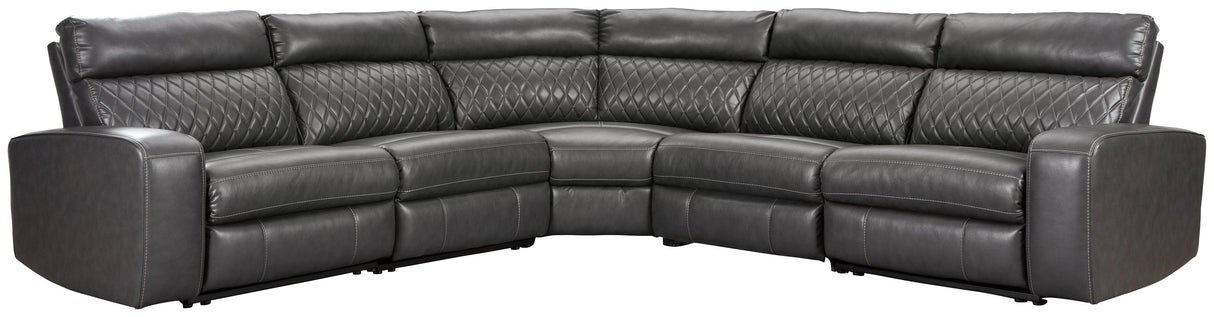 Samperstone Gray Faux Leather 5-Piece Power Reclining Sectional - Ella Furniture