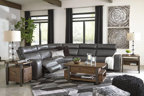 Samperstone Gray Faux Leather 5-Piece Power Reclining Sectional - Ella Furniture