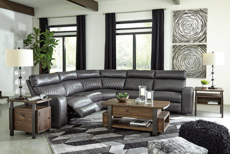 Samperstone Gray Faux Leather 5-Piece Power Reclining Sectional - Ella Furniture