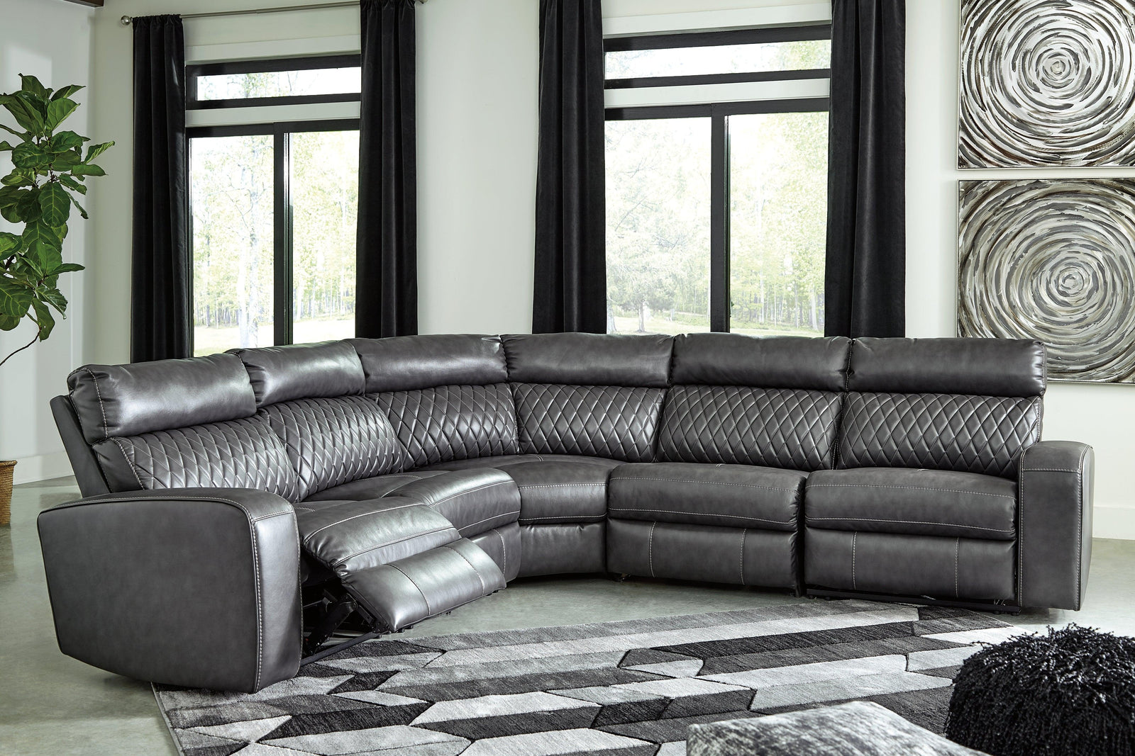 Samperstone Gray Faux Leather 5-Piece Power Reclining Sectional - Ella Furniture