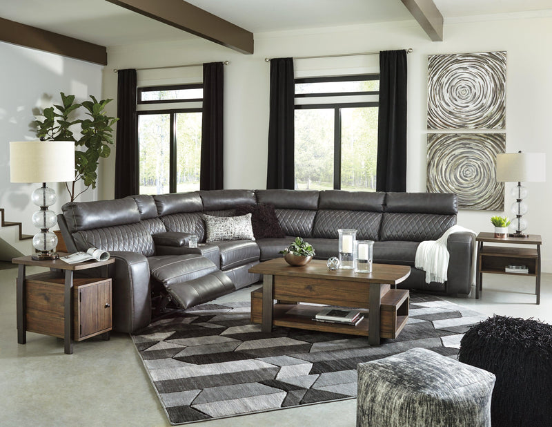 Samperstone Gray Faux Leather 6-Piece Power Reclining Sectional - Ella Furniture