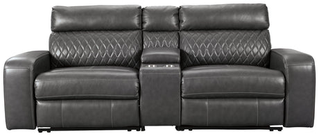 Samperstone Gray Faux Leather 3-Piece Power Reclining Sectional - Ella Furniture