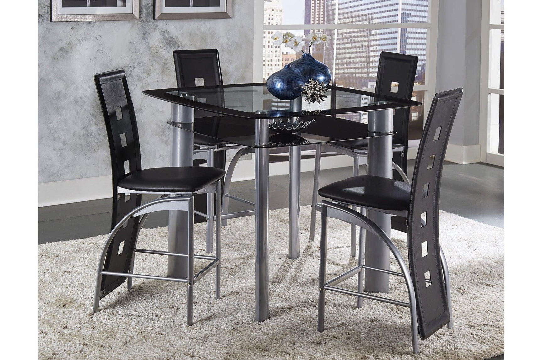 Sona Black Modern Faux Leather Upholstered Seat Glass Top Square Counter Height Dining Room Set - Ella Furniture
