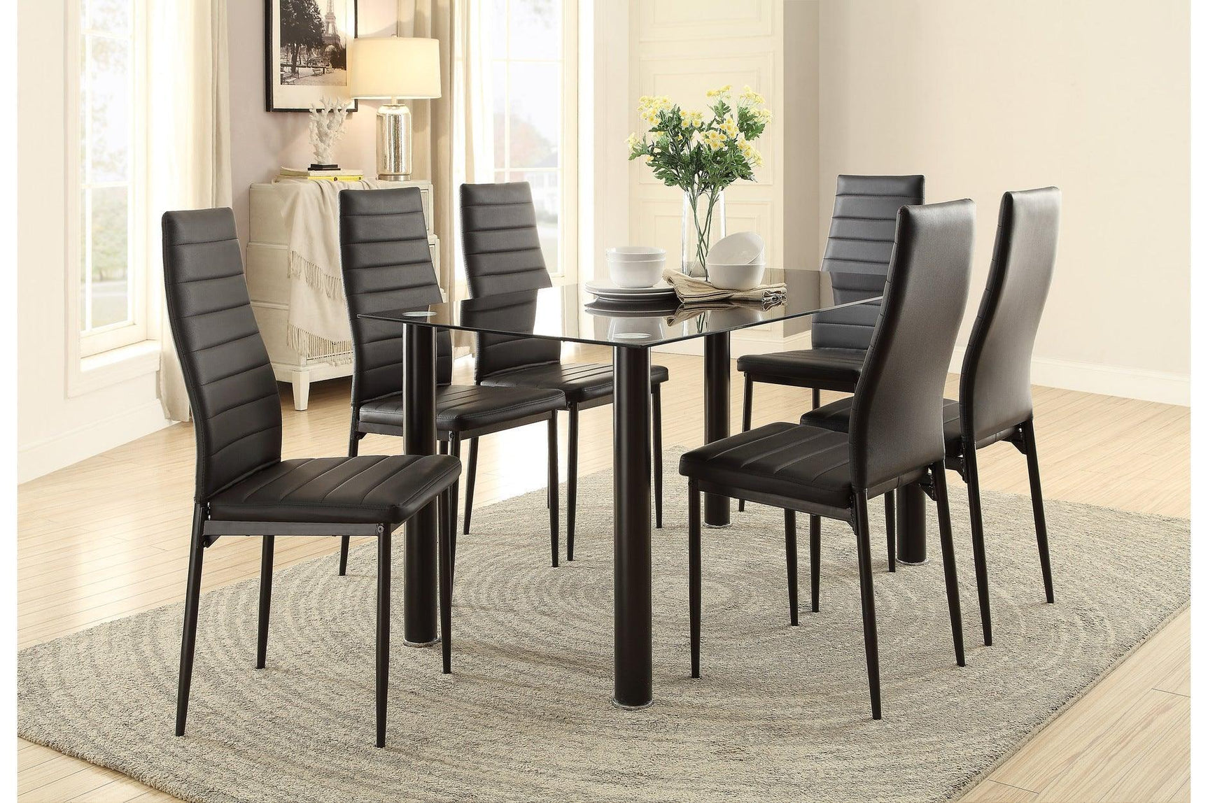 Florian Black Modern Contemporary Faux Leather Upholstered Glass Top Rectangular Dining Room Set - Ella Furniture