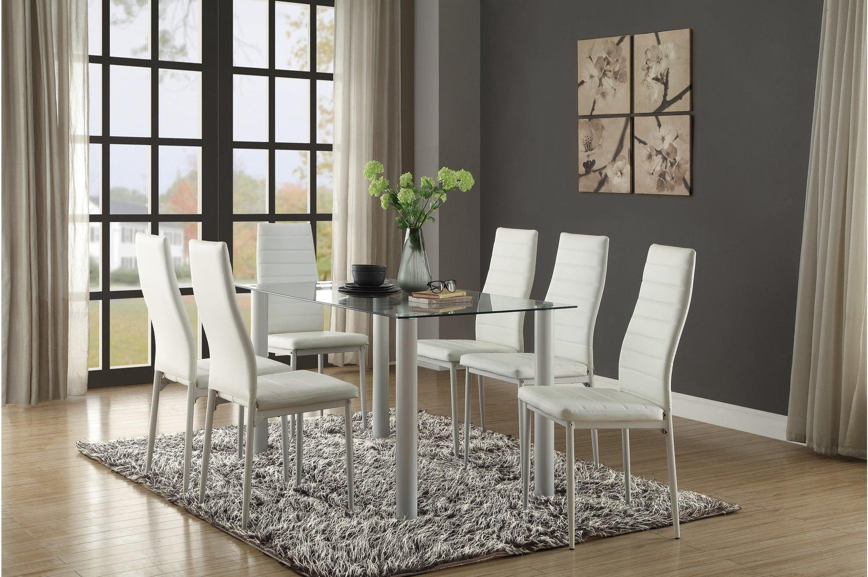 Florian White Modern Contemporary Faux Leather Upholstered Glass Top Rectangular Dining Room Set - Ella Furniture