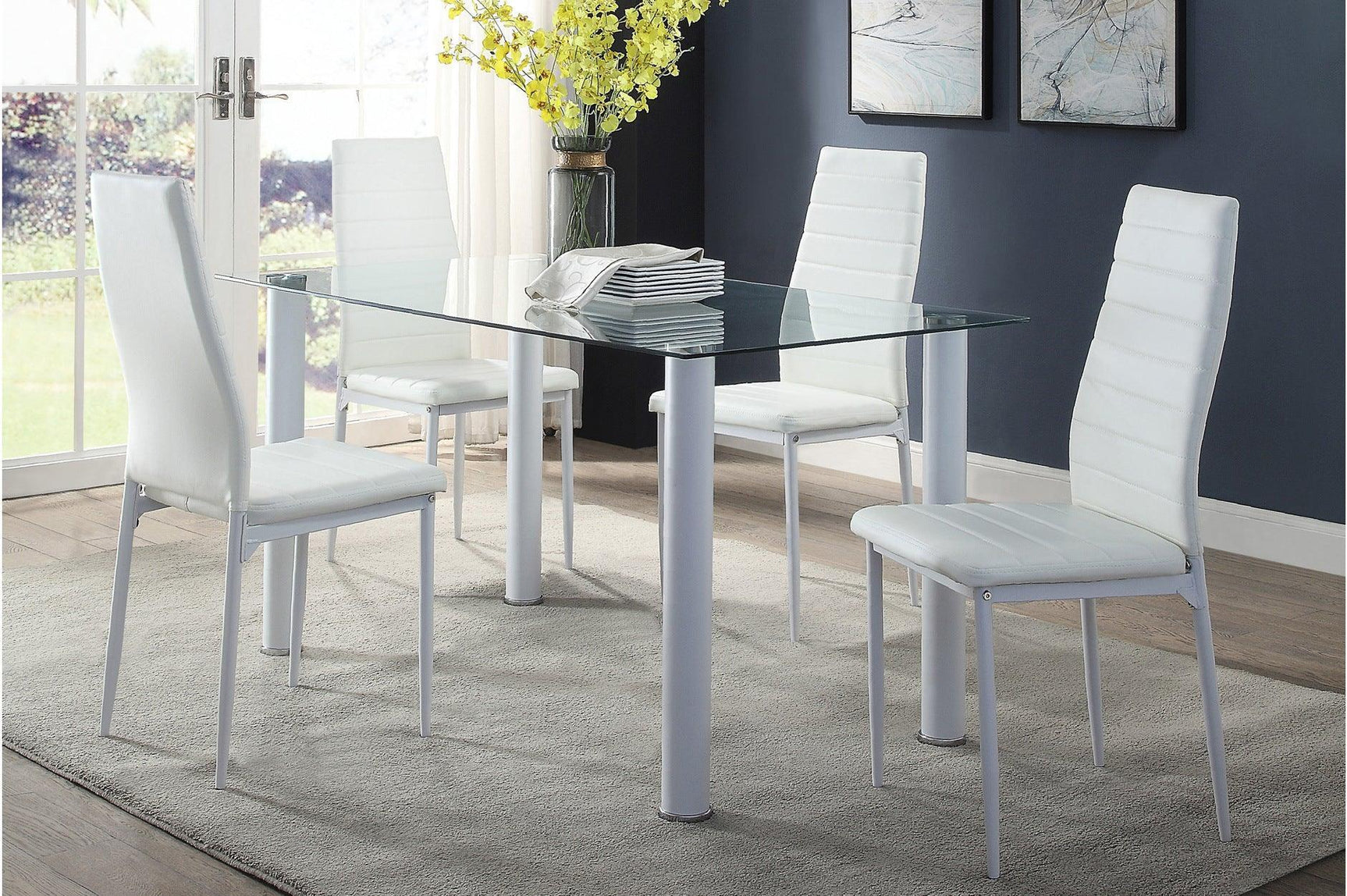 Florian White Modern Contemporary Faux Leather Upholstered Glass Top Rectangular Dining Room Set - Ella Furniture