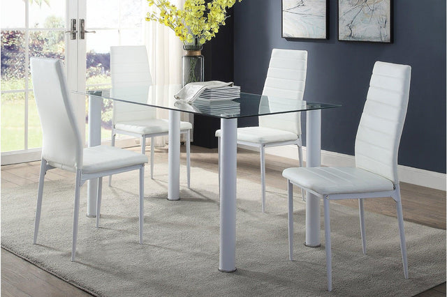 Florian White Modern Contemporary Faux Leather Upholstered Glass Top Rectangular Dining Room Set - Ella Furniture