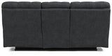 Wilhurst Marine Chenille Reclining Sofa With Drop Down Table - Ella Furniture