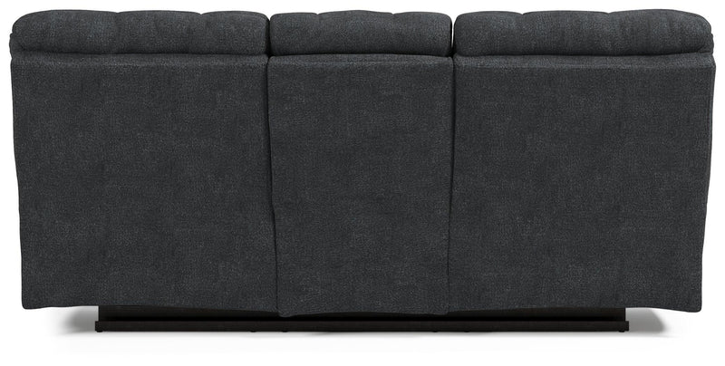 Wilhurst Marine Chenille Reclining Sofa With Drop Down Table - Ella Furniture