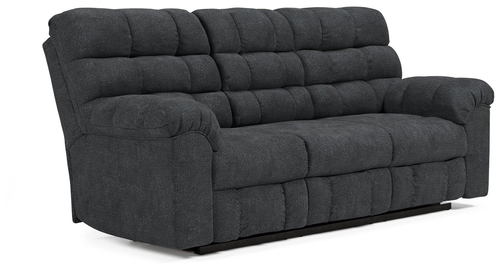 Wilhurst Marine Chenille Reclining Sofa With Drop Down Table - Ella Furniture