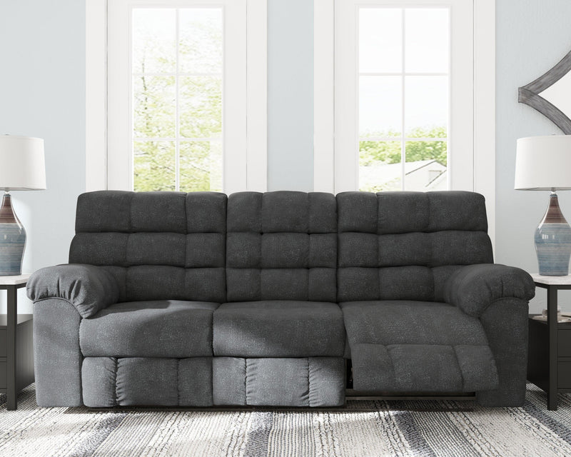 Wilhurst Marine Chenille Reclining Sofa With Drop Down Table - Ella Furniture