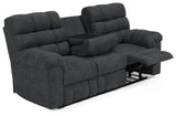 Wilhurst Marine Chenille Reclining Sofa With Drop Down Table - Ella Furniture