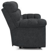 Wilhurst Marine Chenille Reclining Sofa With Drop Down Table - Ella Furniture