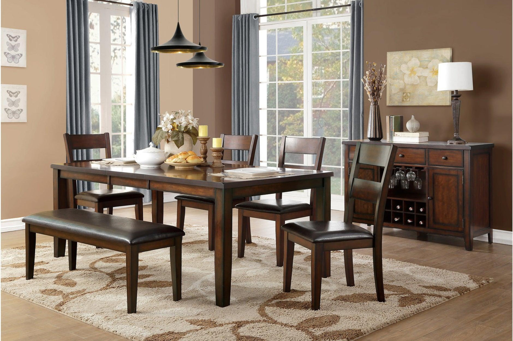 Mantello Dark-Brown Wood Faux Leather Upholstered Seat Rectangular Counter Height Dining Room Set - Ella Furniture
