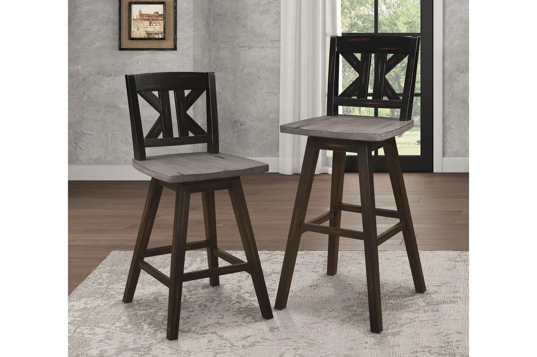 Amsonia Gray Swivel Chair Rustic Solid Wood And Veneer Rectangular Counter Height Dining Room Set - Ella Furniture
